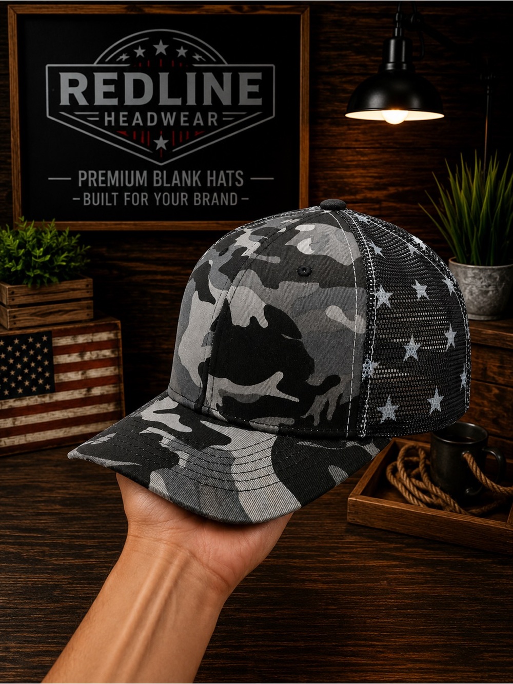 Black & Gray Camo American Flag Mesh Trucker Hat | Curved Bill Snapback Cap